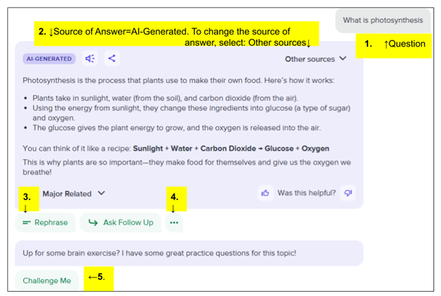 Screenshot of Flex’s answer to What is photosynthesis, various features highlighted